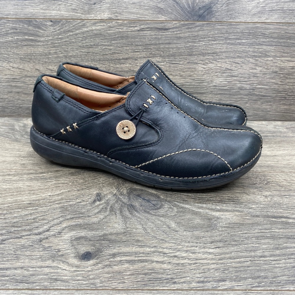 Clarks Leather Loafers Womens 8 Black Contrast Stitch Button Slip On 26085071